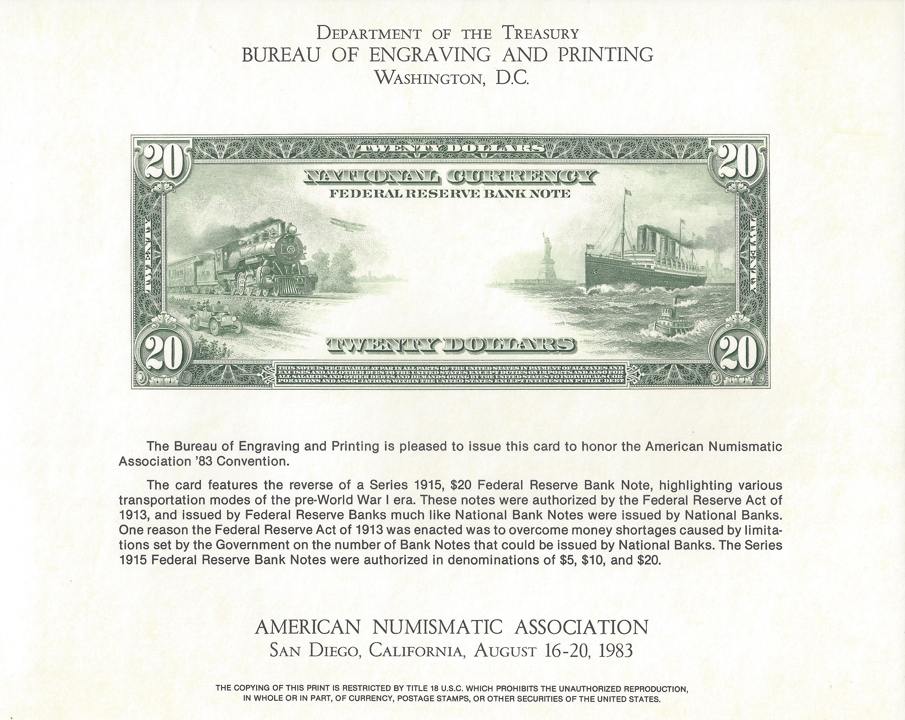 Souvenir Card 1878 $1000.00 United States Note Reverse B170 1993 B E P 
